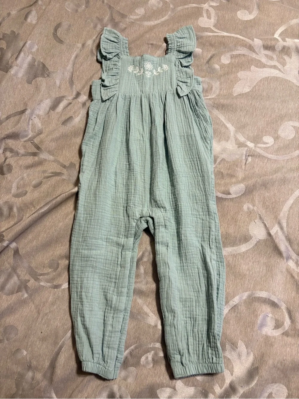 Carter's Sage Green Ruffle Strap Romper